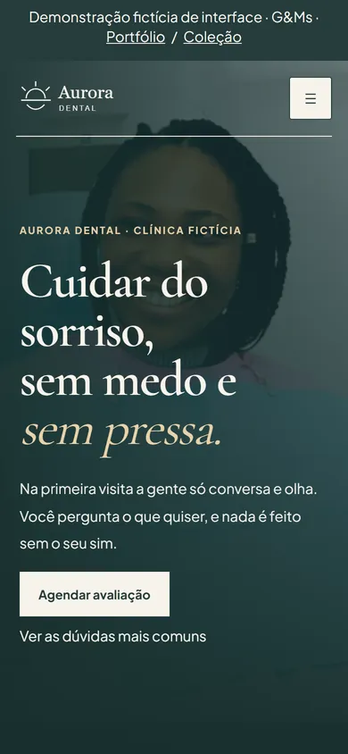Tela de celular da demonstração fictícia Aurora Dental