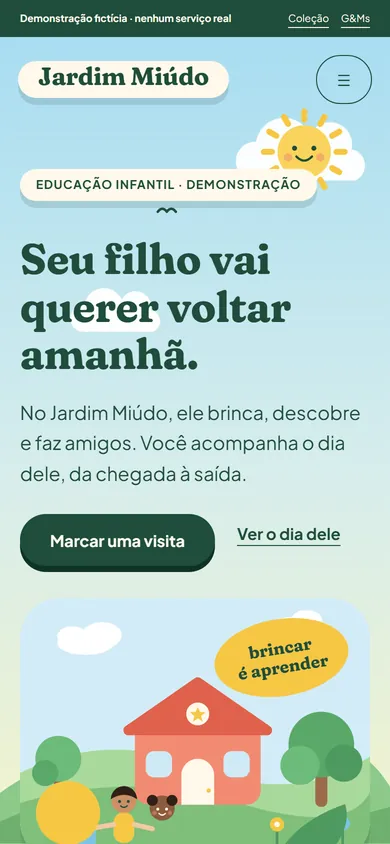 Tela de celular da demonstração fictícia Jardim Miúdo