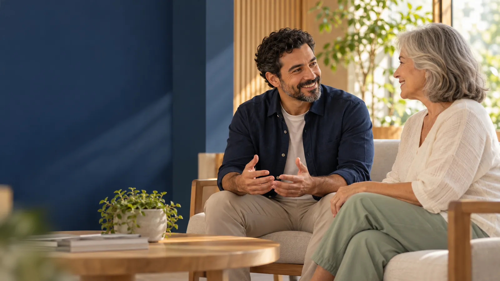 Cena original gerada por IA: Caio, personagem fictício, conversa com uma pessoa também fictícia