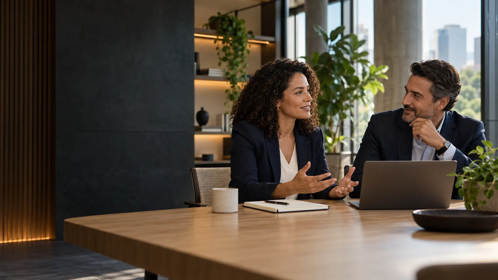 Cena original gerada por IA: dois personagens fictícios conversam sobre organização financeira
